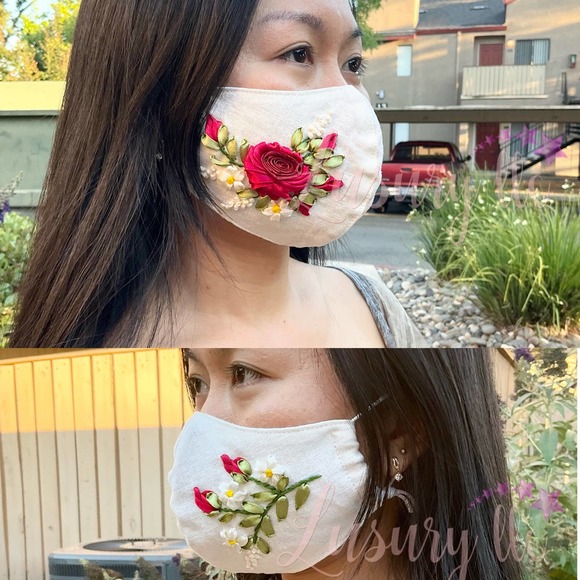 Yellow Peony Embroidery Silk Mask, Wedding Gift, Washable Reusable 3 Layers - Picture 7 of 8